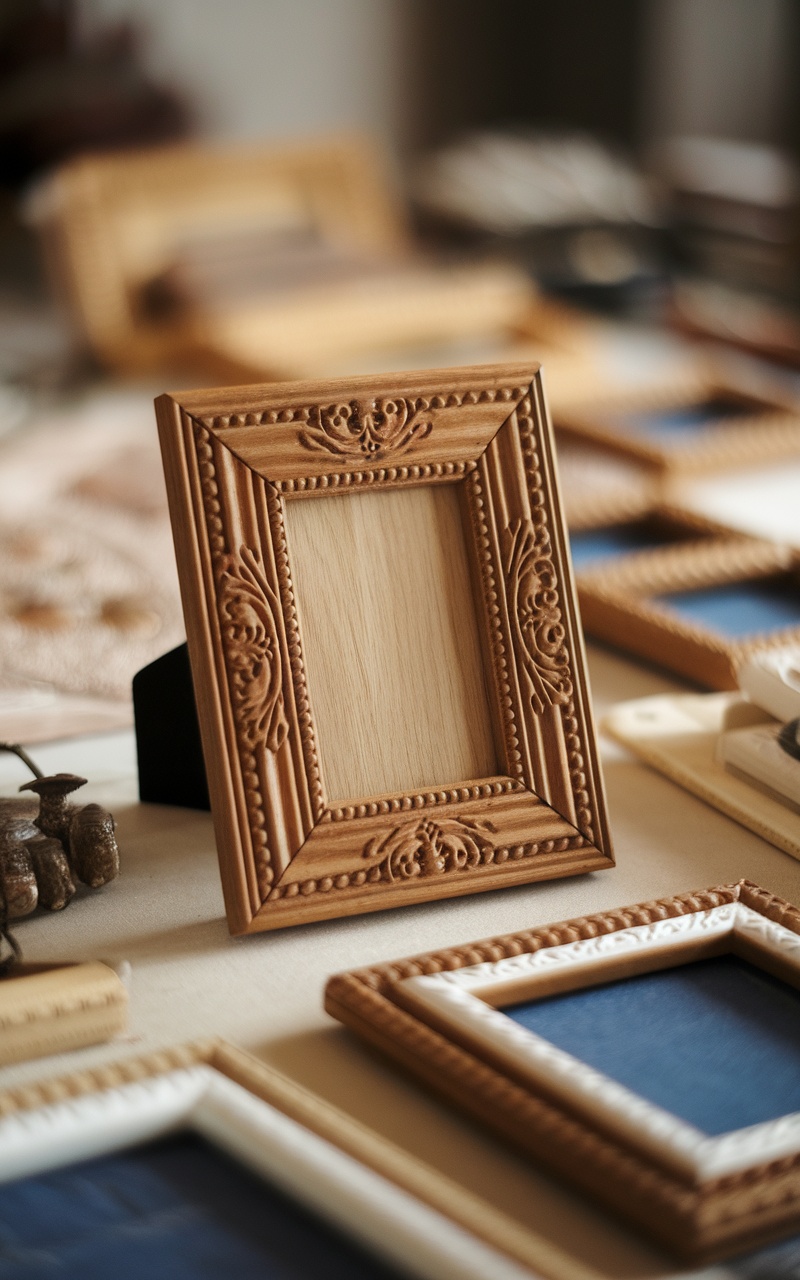 A personalized photo frame with a family picture, surrounded by crafting materials.