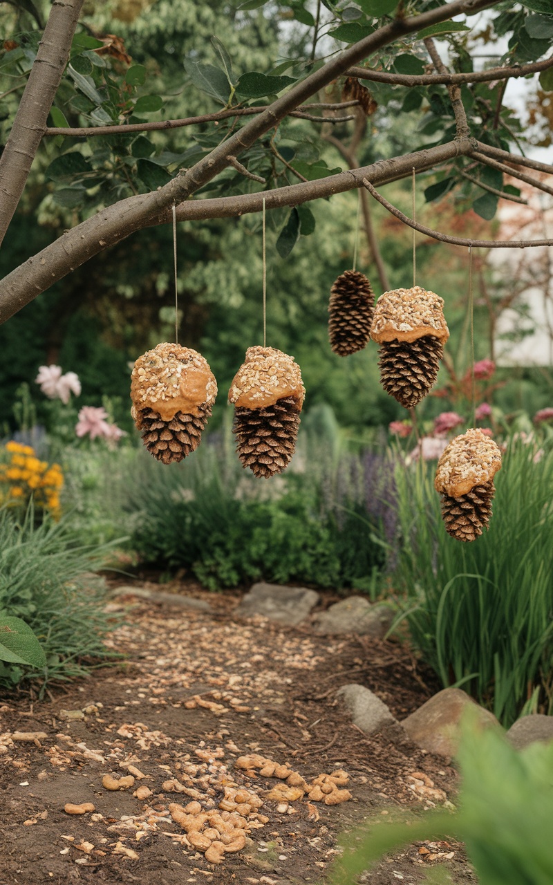 Pinecone bird feeders hanging from a tree branch in a garden