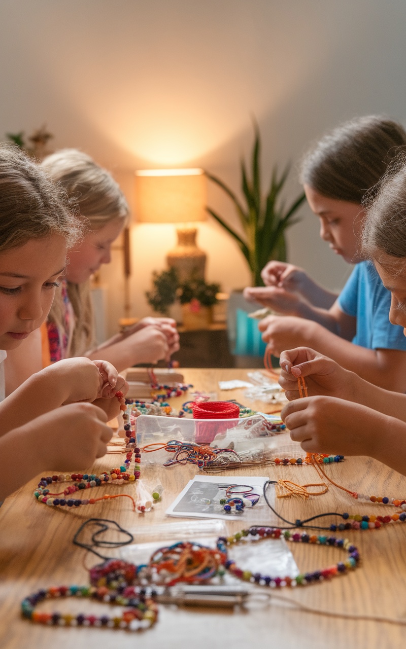 Children making beaded jewelry at a table, focused on their craft with colorful beads and tools.