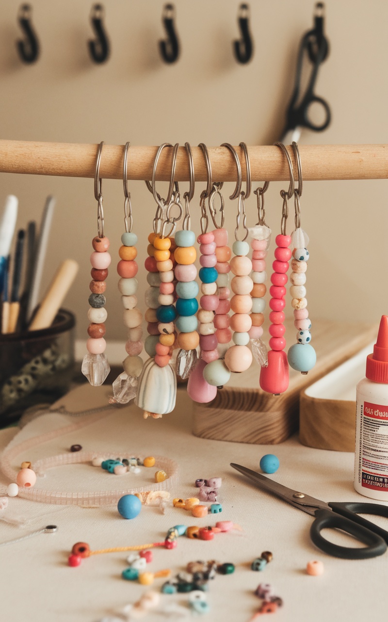 Colorful beaded keychains hanging on a rack.