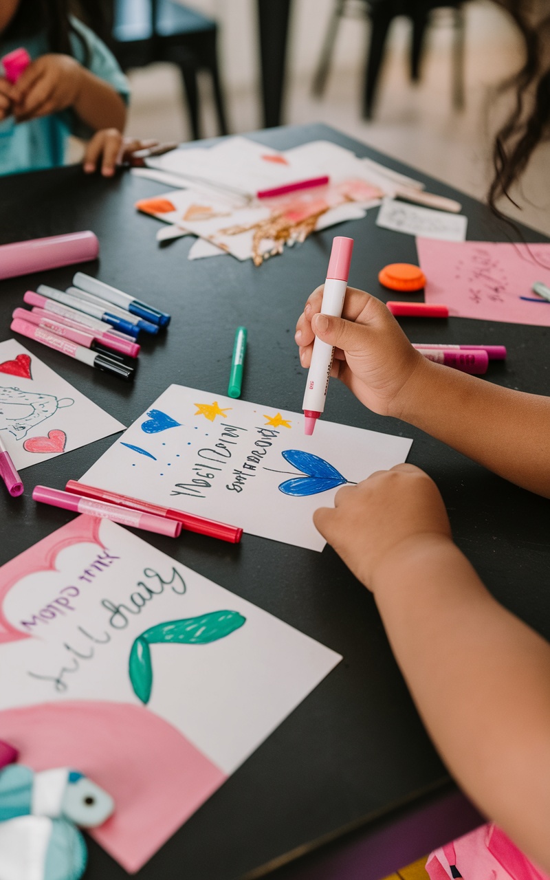 Kids creating colorful Mother's Day cards with markers and craft supplies on a table.