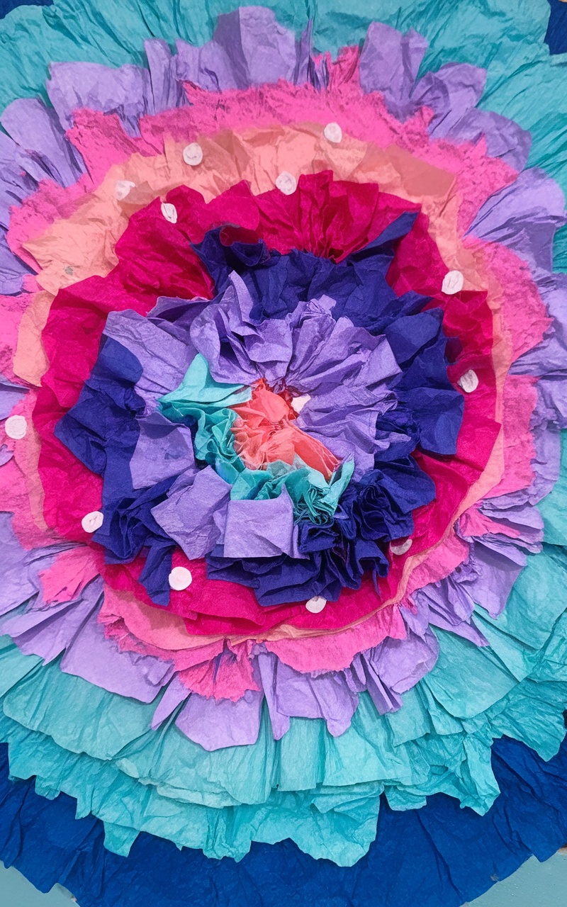 A colorful tissue paper art arrangement in a flower shape, showcasing vibrant layers of purple, pink, and blue.