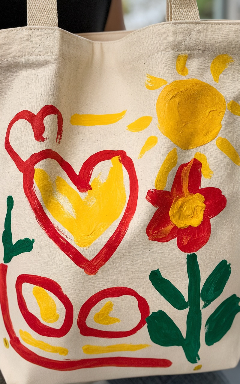 A colorful custom tote bag decorated with hearts, flowers, and sun designs.