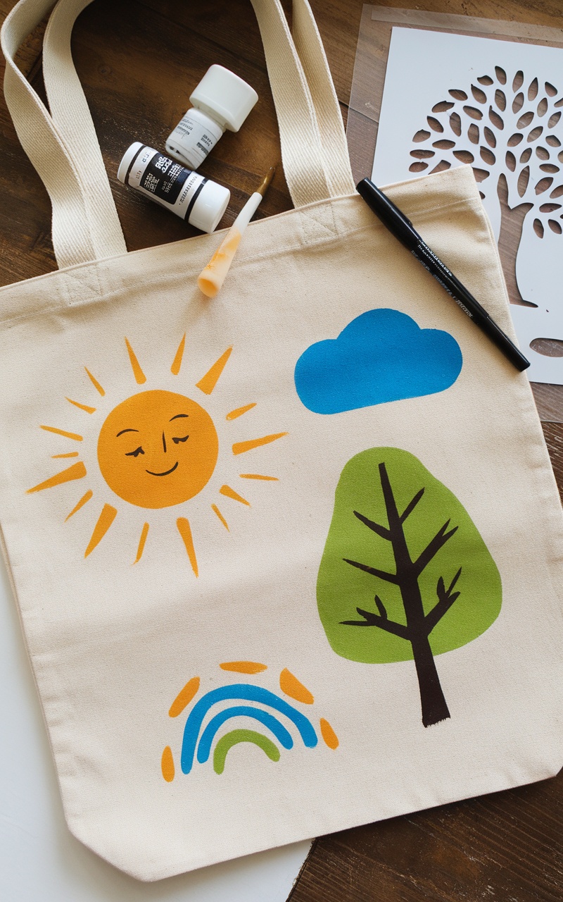 A custom tote bag decorated with fabric paint featuring sun, tree, cloud, and rainbow designs.