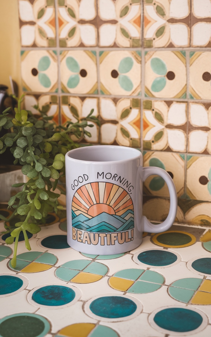 Customized coffee mug with a sunny design.