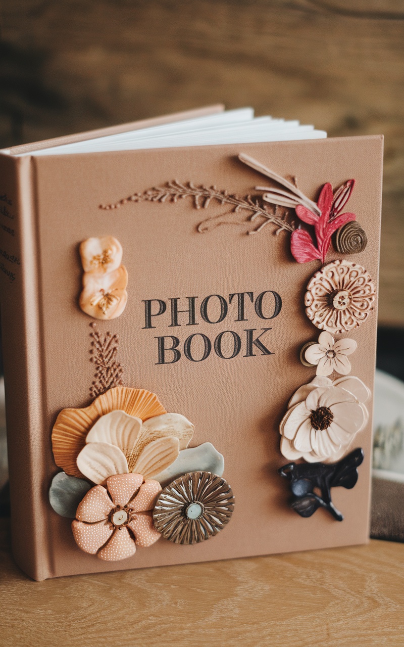 A customized photo book with family photos and decorative elements