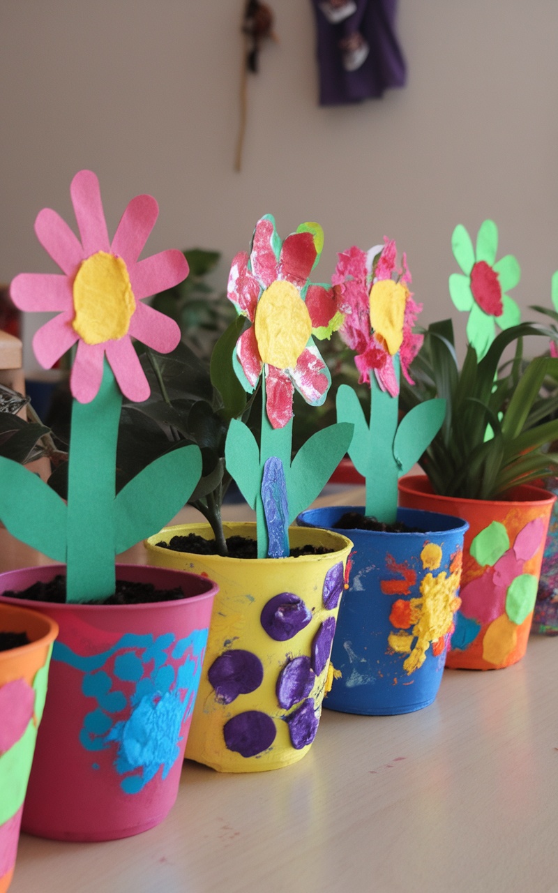 Colorful decorative flower pots crafted by toddlers, featuring painted designs and paper flower cutouts.