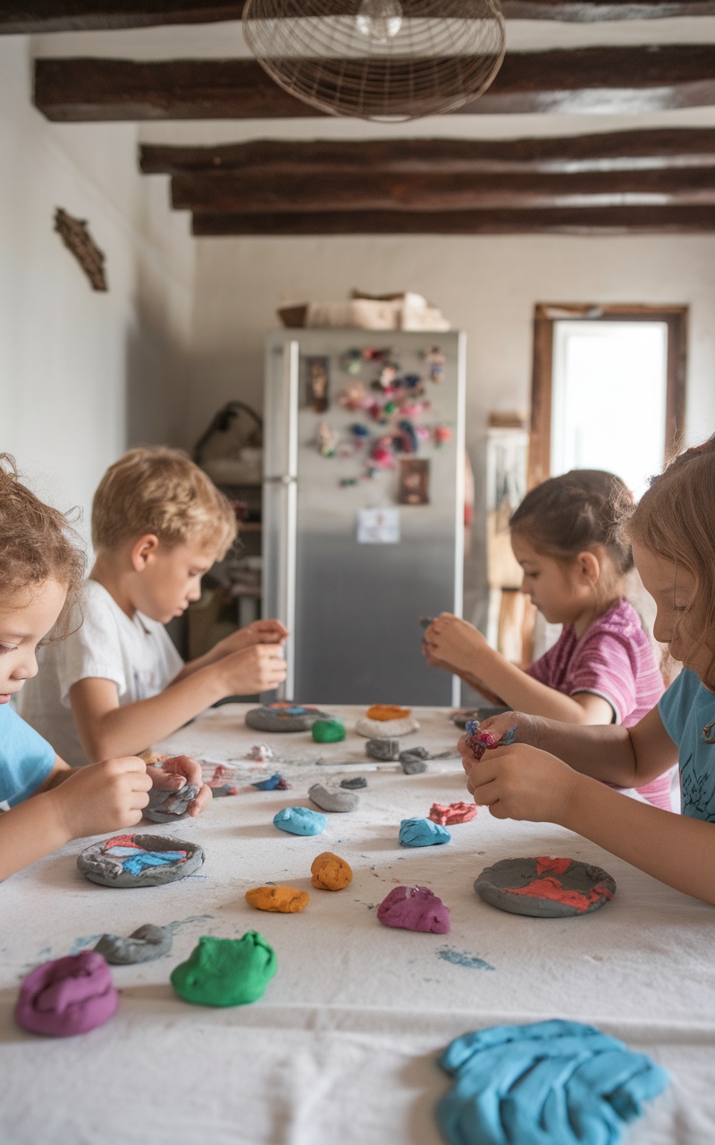 Children crafting decorative magnets at a table with colorful materials.