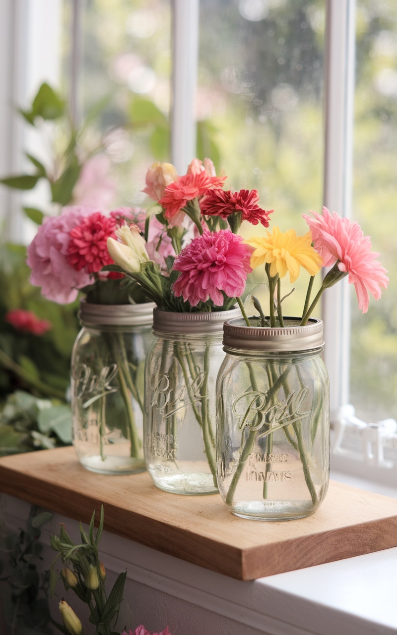 Decorative mason jar vases filled with colorful flowers