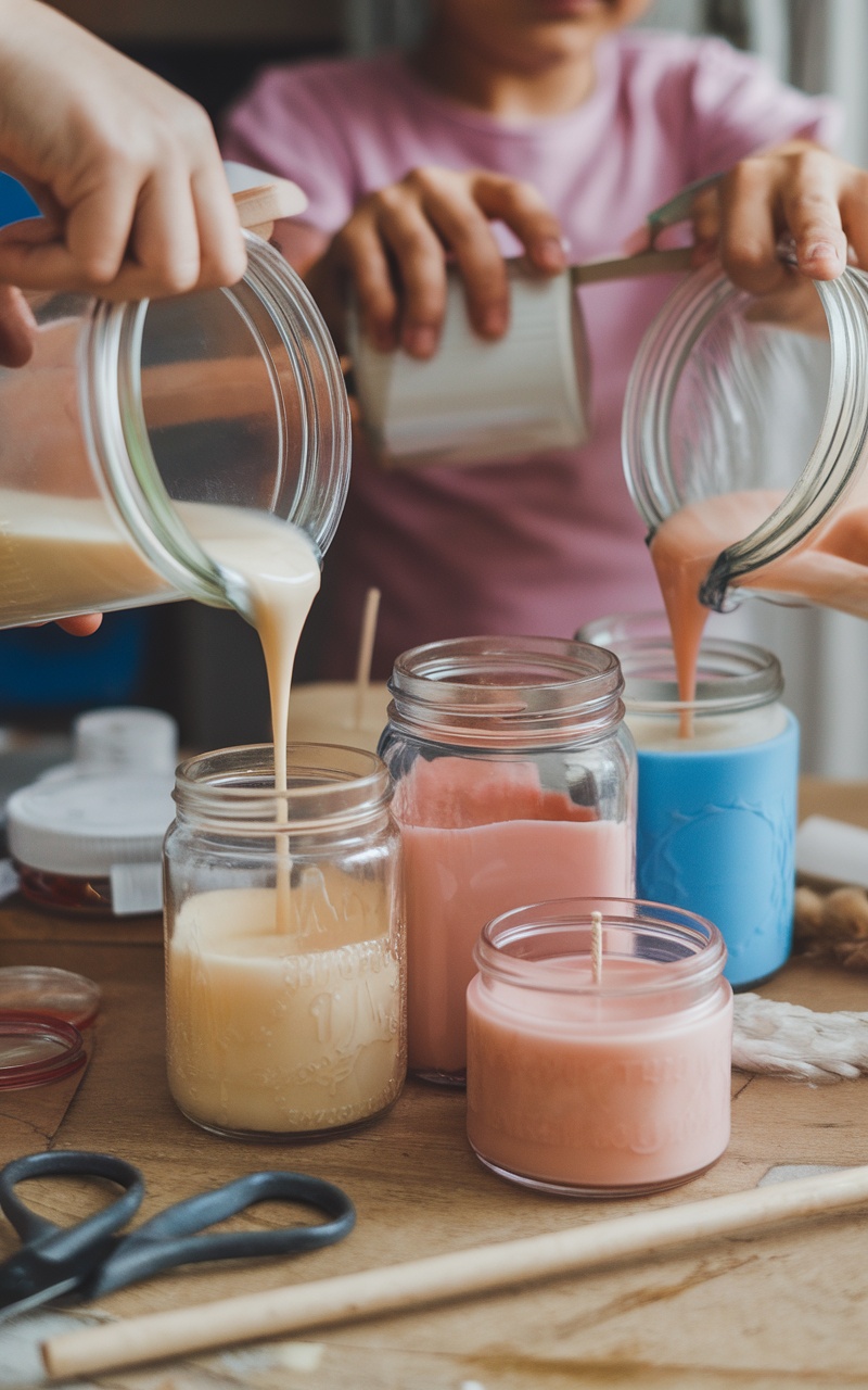 Children pouring colored wax into jars for candle making.