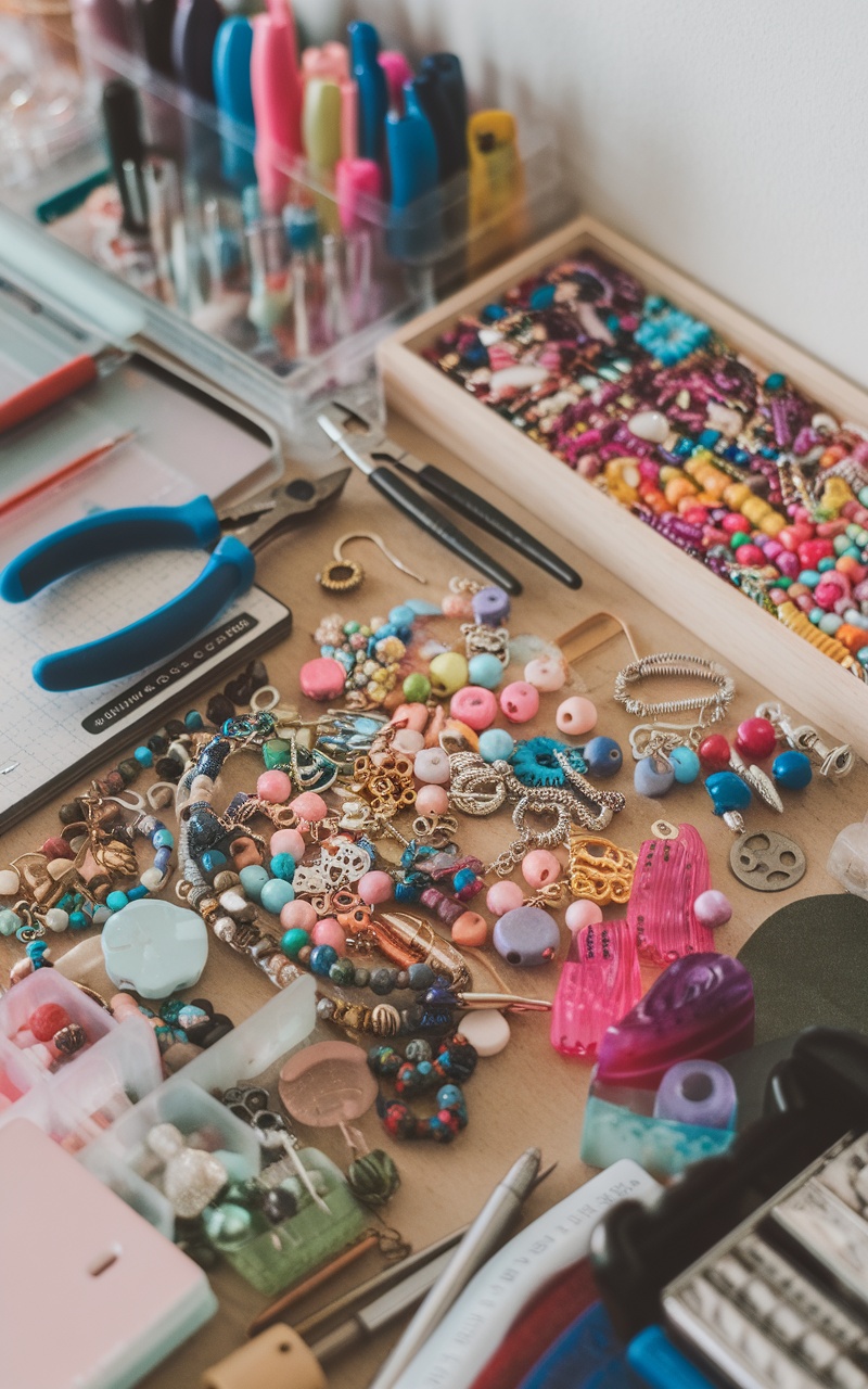 Colorful beads and charms on a crafting table for DIY jewelry.