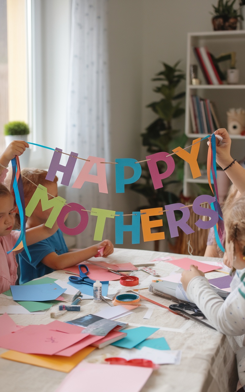 Children crafting a colorful 'Happy Mother's Day' banner with scissors and glue on a wooden table.