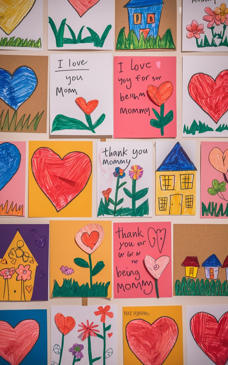 Colorful DIY Mother's Day cards made by toddlers, featuring hearts, flowers, and houses, displayed together.