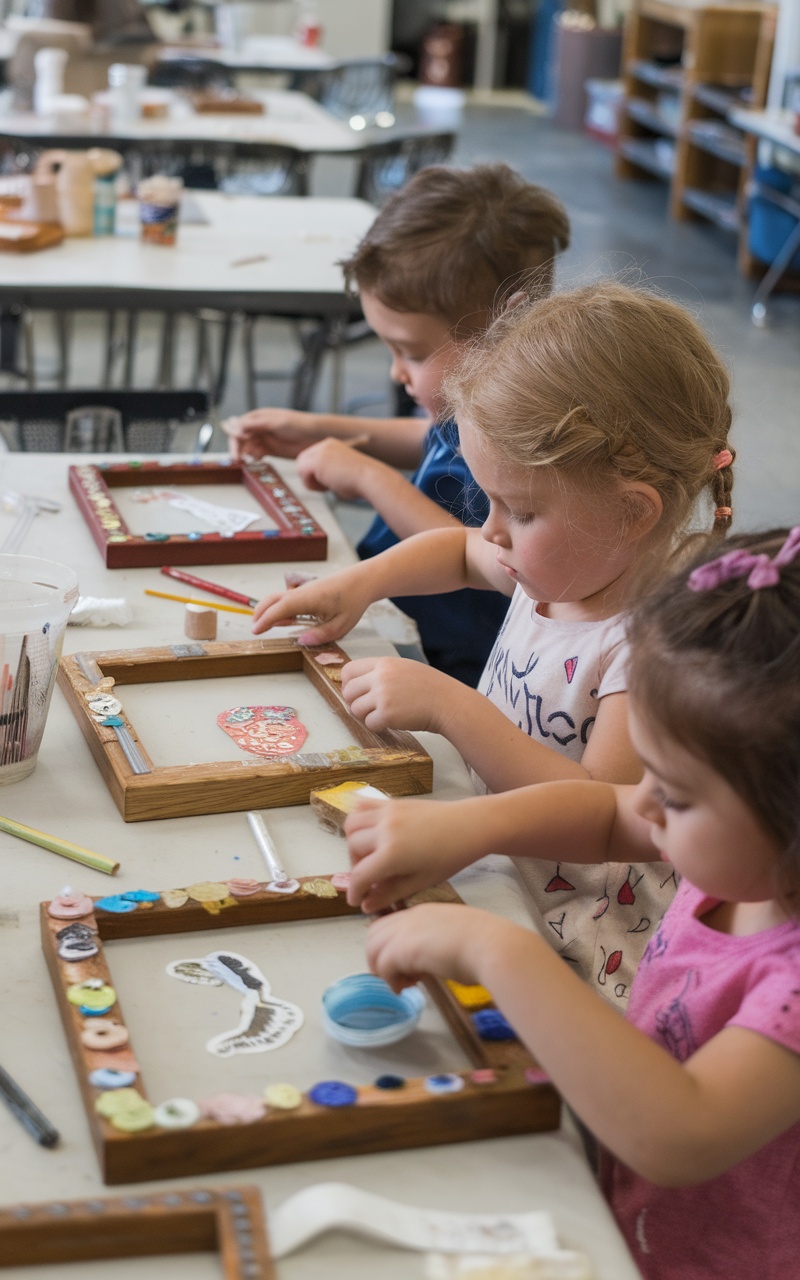 Children making DIY picture frames with various decorations.