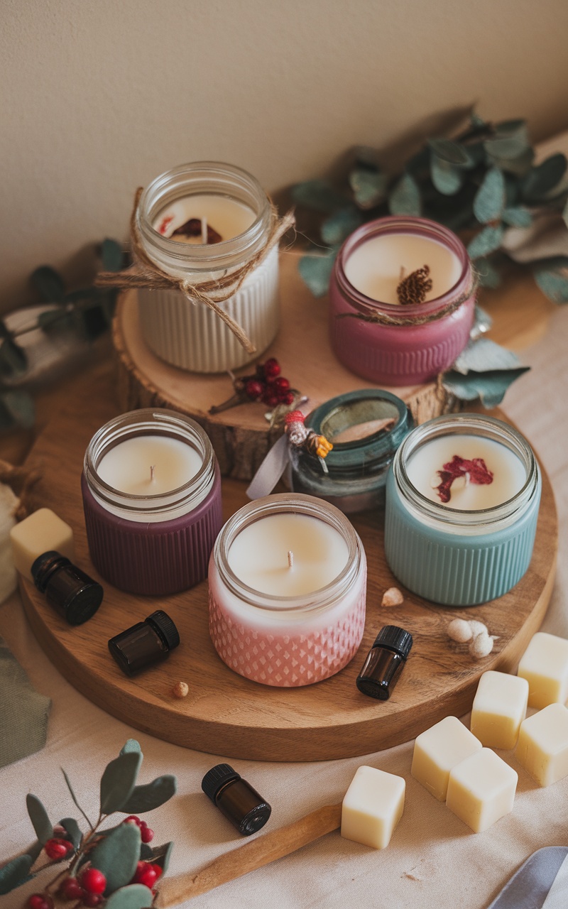 A collection of colorful DIY scented candles in jars, surrounded by small bottles of essential oils and wax cubes.