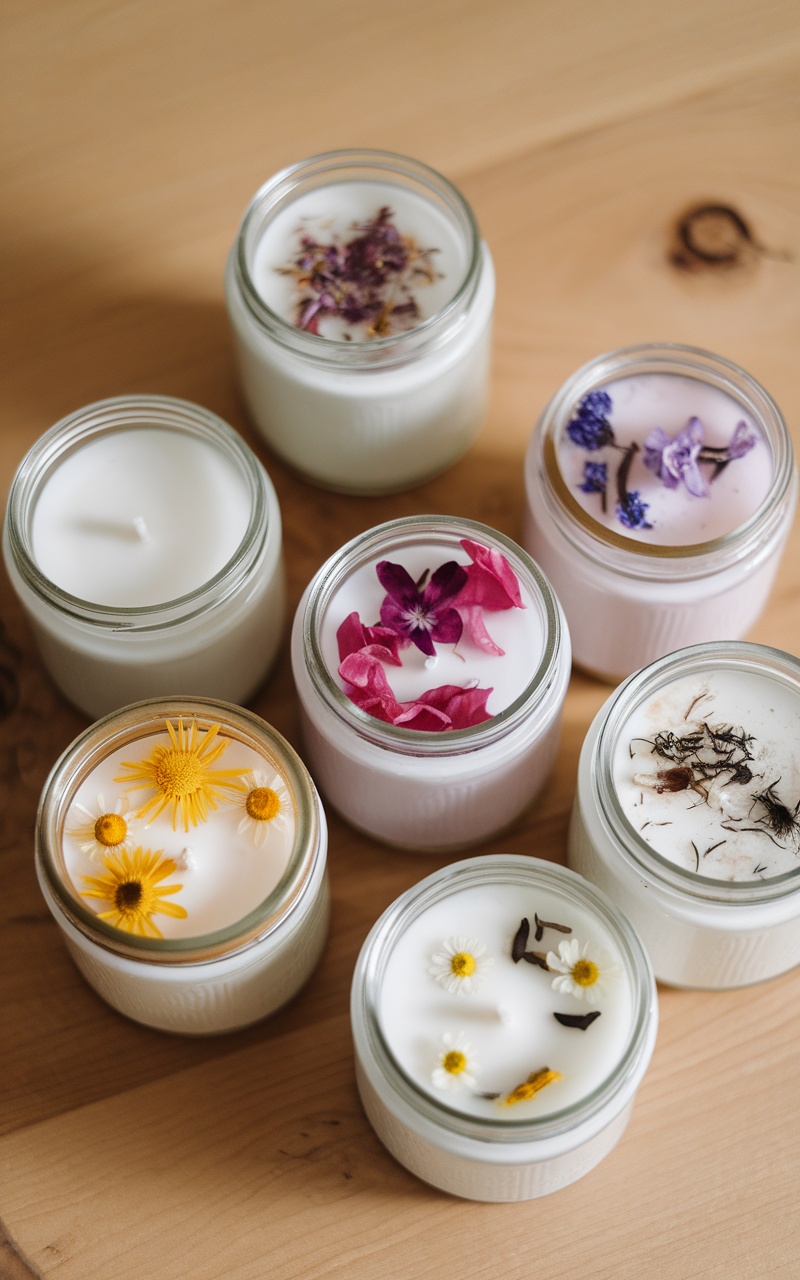 DIY scented candles with dried flowers and herbs in glass jars