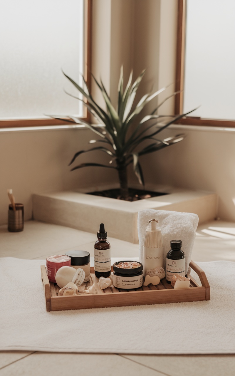 A soothing DIY Spa Day Kit featuring various skincare products arranged on a wooden tray.