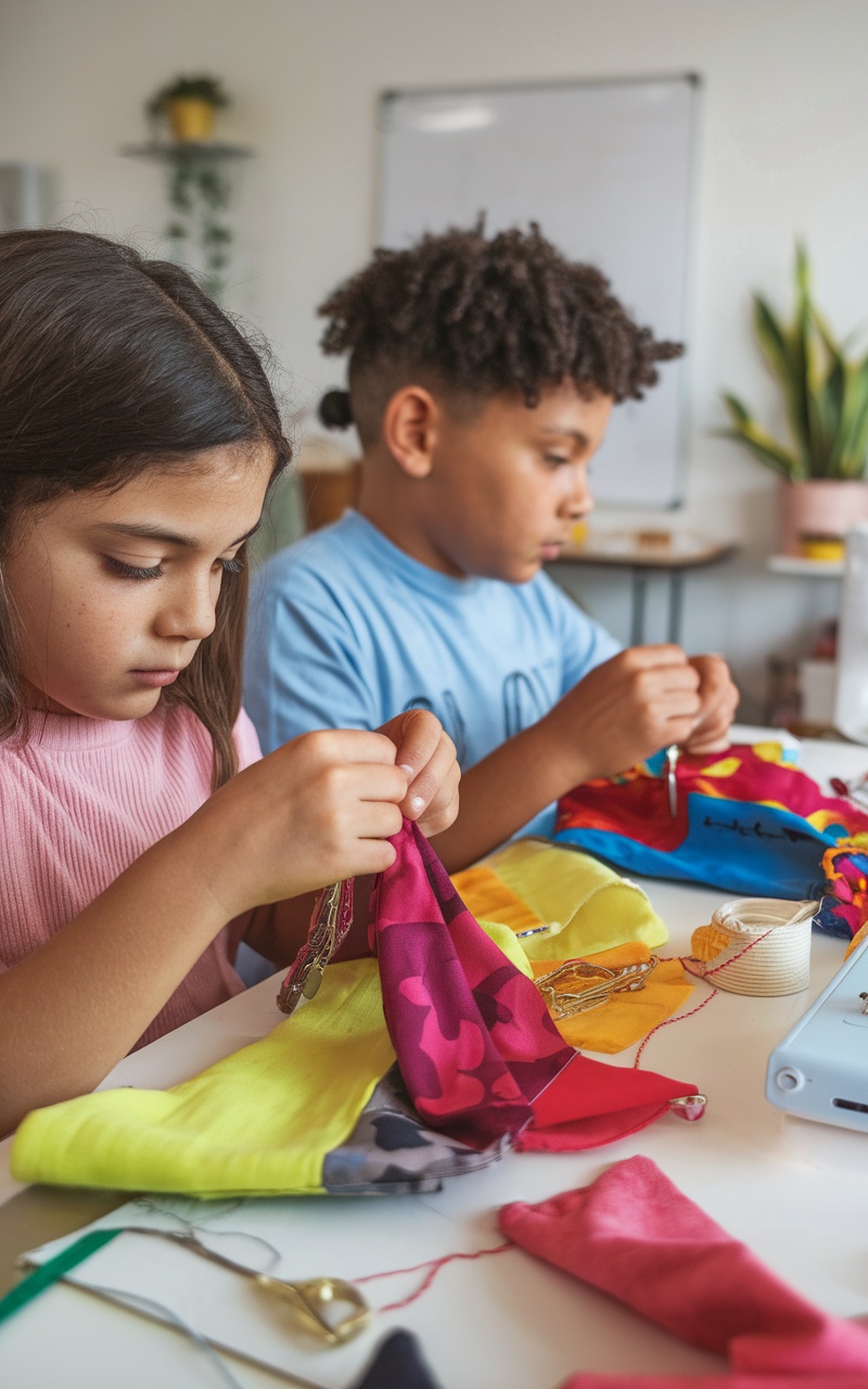 Two children sewing colorful fabric scraps to create keychains.