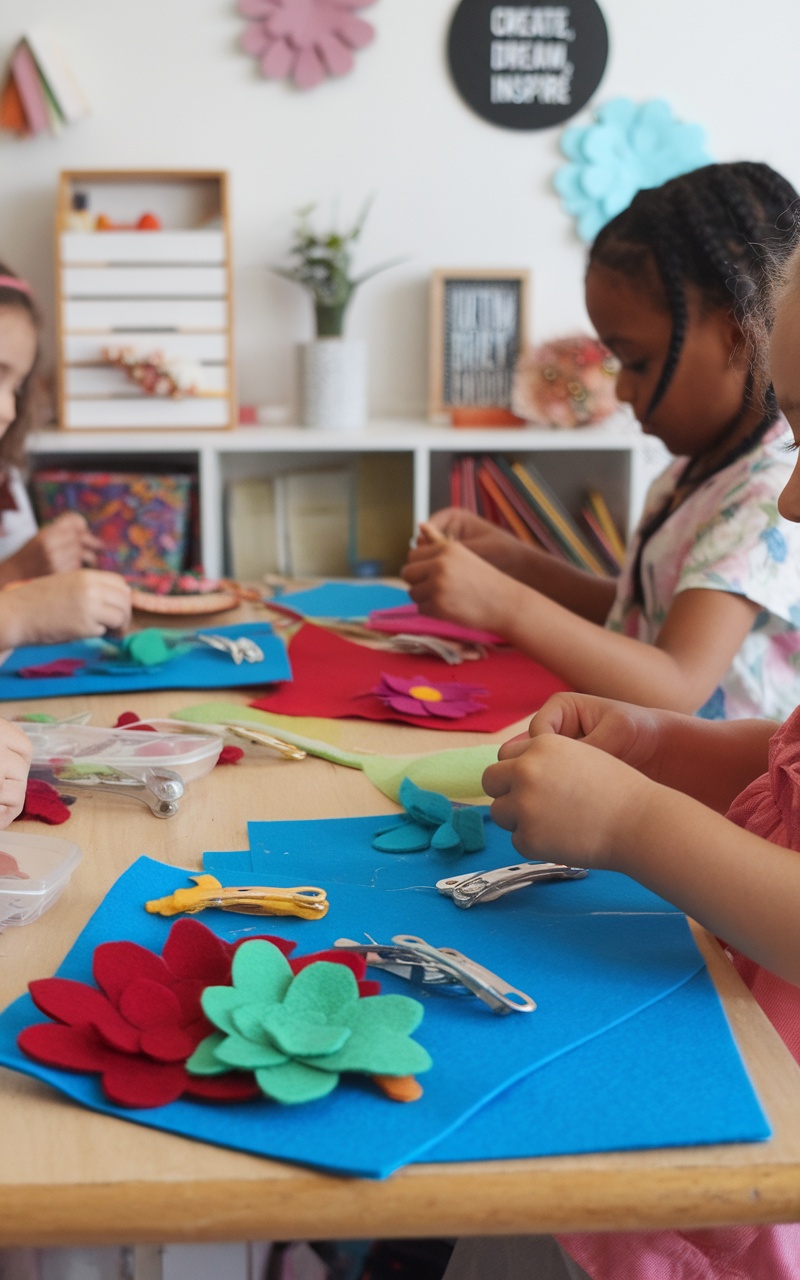 Children making colorful felt flower hair clips at a crafting table.