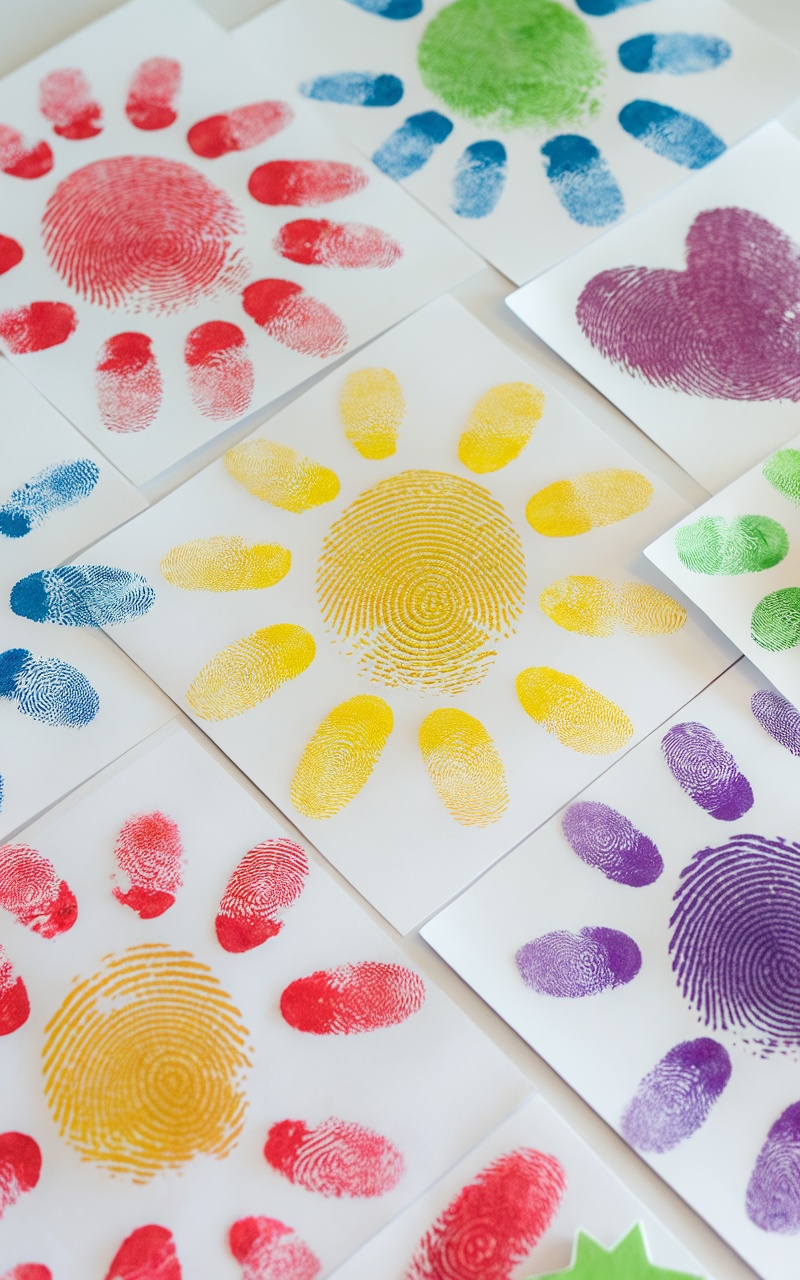 Fingerprint art featuring colorful designs including suns, hearts, and abstract shapes.