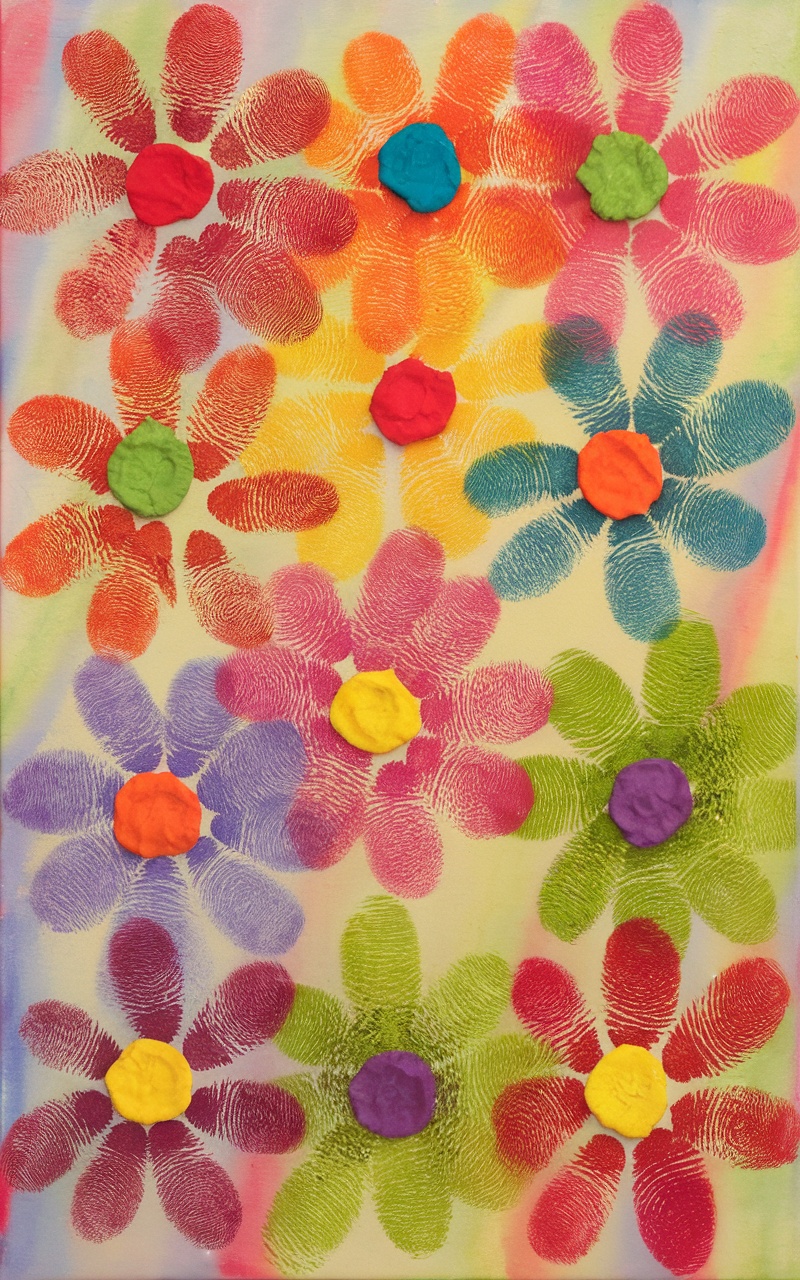 Colorful fingerprint flower art made by children