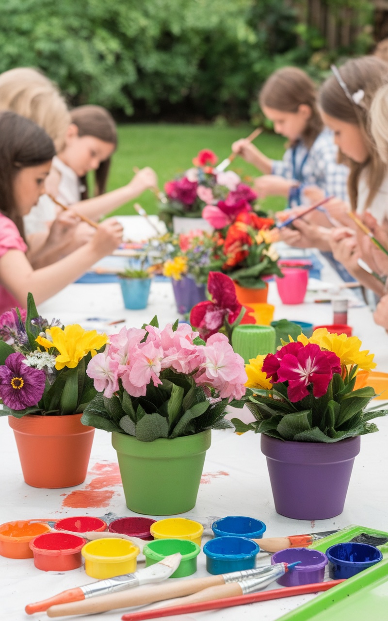 Children painting colorful flower pots in a bright outdoor setting.