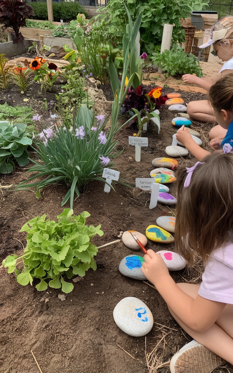 Children painting garden stones to label flowers