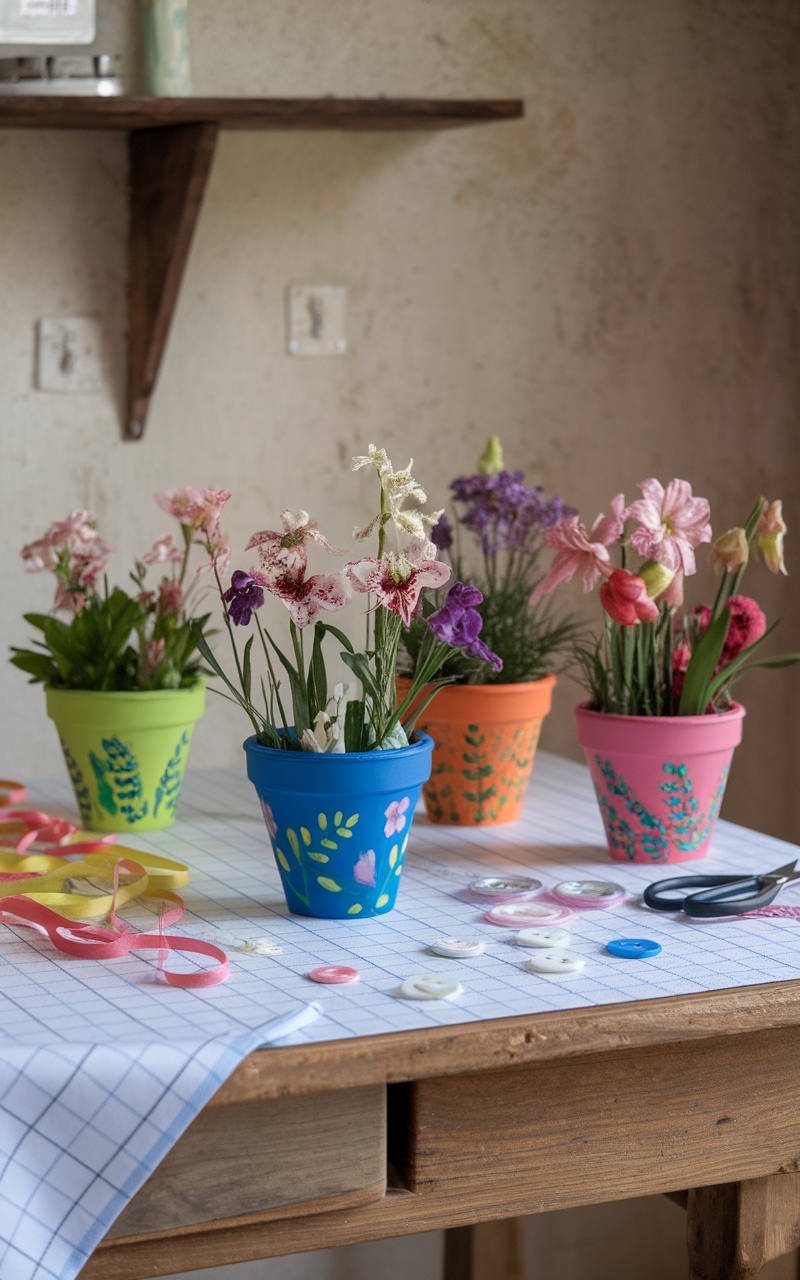 Hand-painted flower pots with colorful designs and flowers