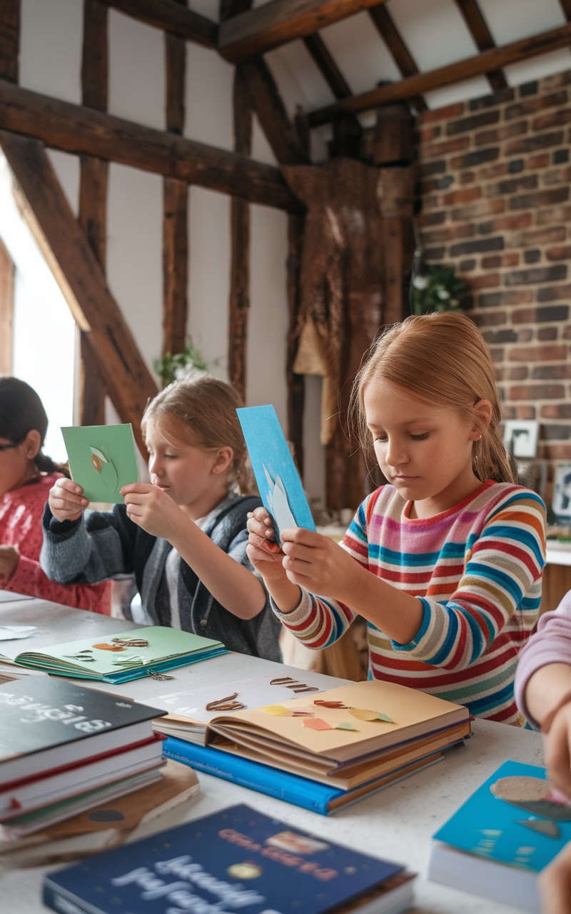 Children making colorful handmade bookmarks with various craft supplies on a table.