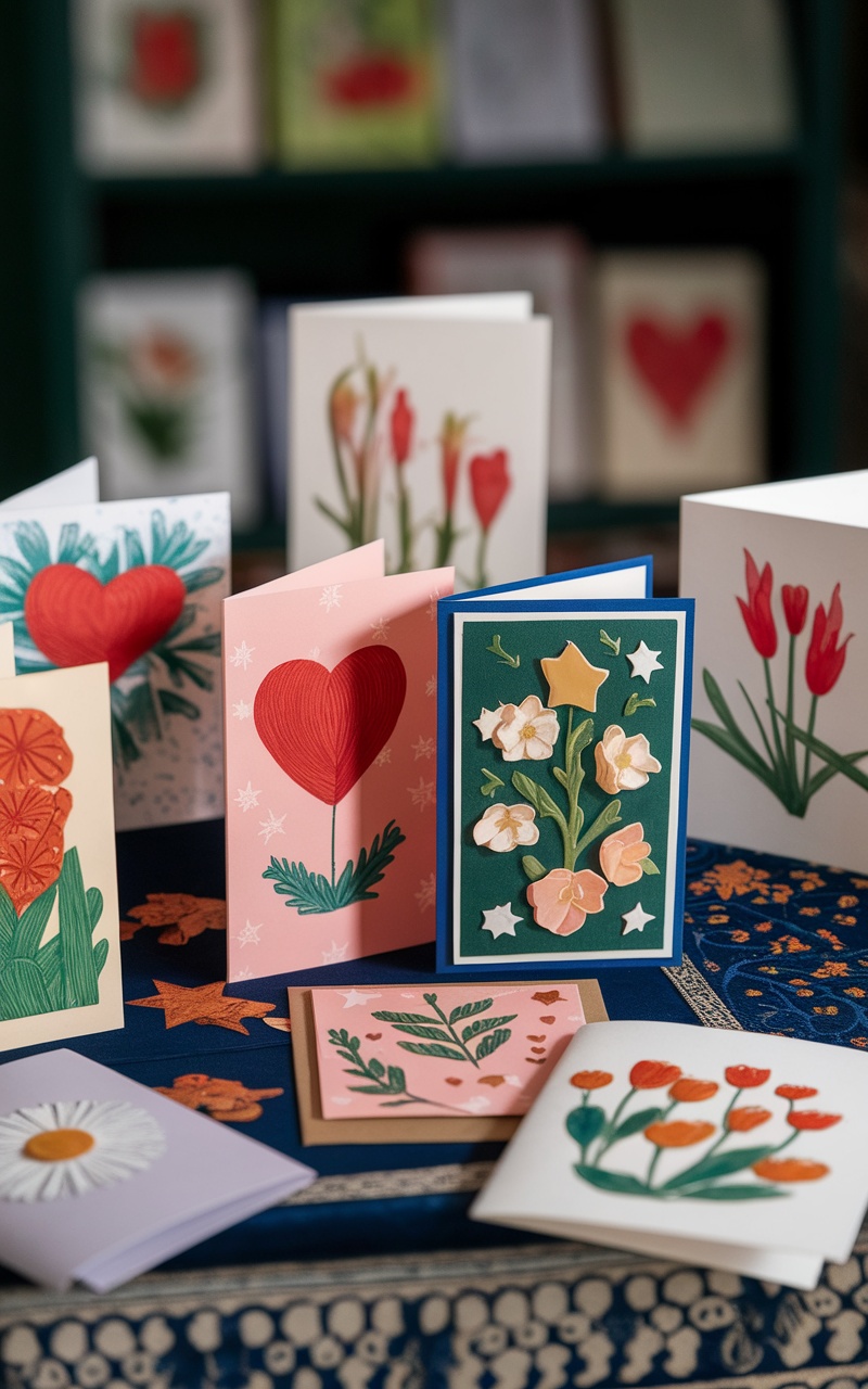 A variety of handmade cards displayed on a table, featuring colorful designs and decorations for different occasions.