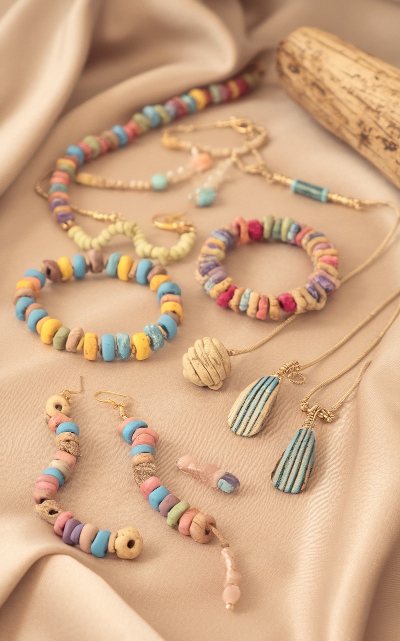 Handmade jewelry made with colorful beads, including bracelets, earrings, and necklaces for Mother's Day.