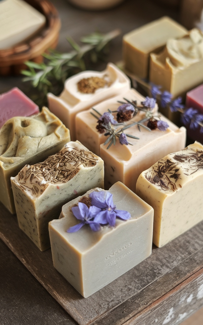 Handmade natural soap bars in various colors and textures.