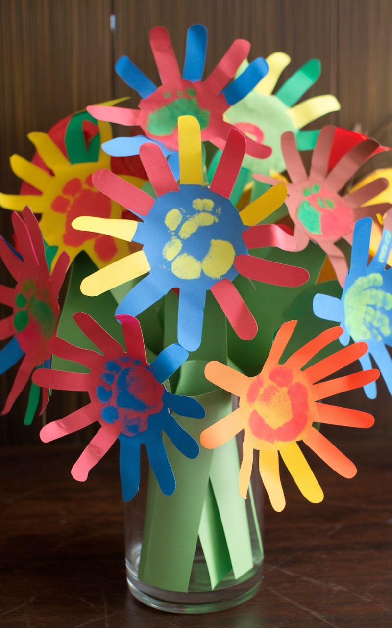 A colorful bouquet of handprint flowers made by toddlers, displayed in a glass vase