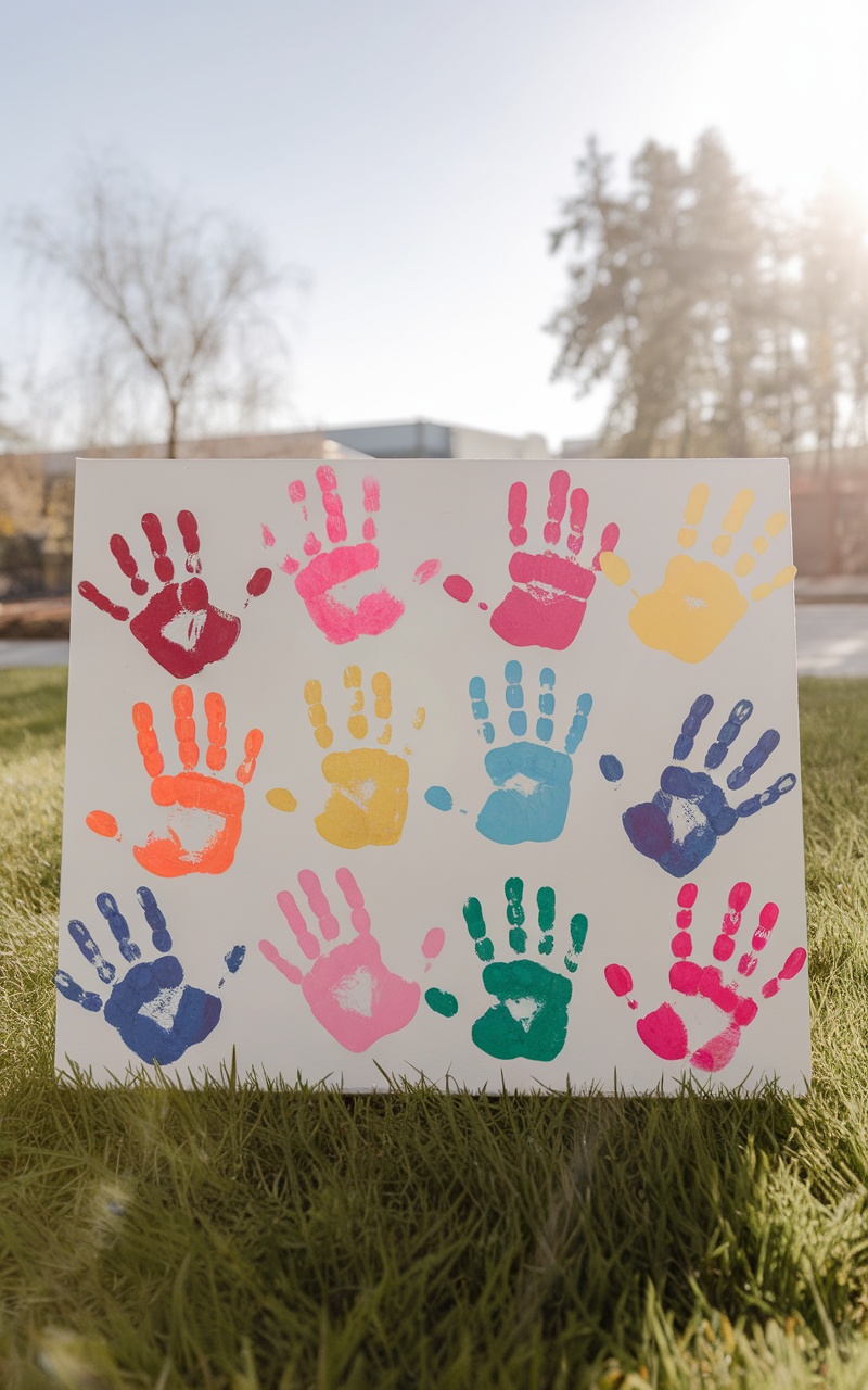 Colorful handprint art with various handprints forming a heart shape on a white canvas