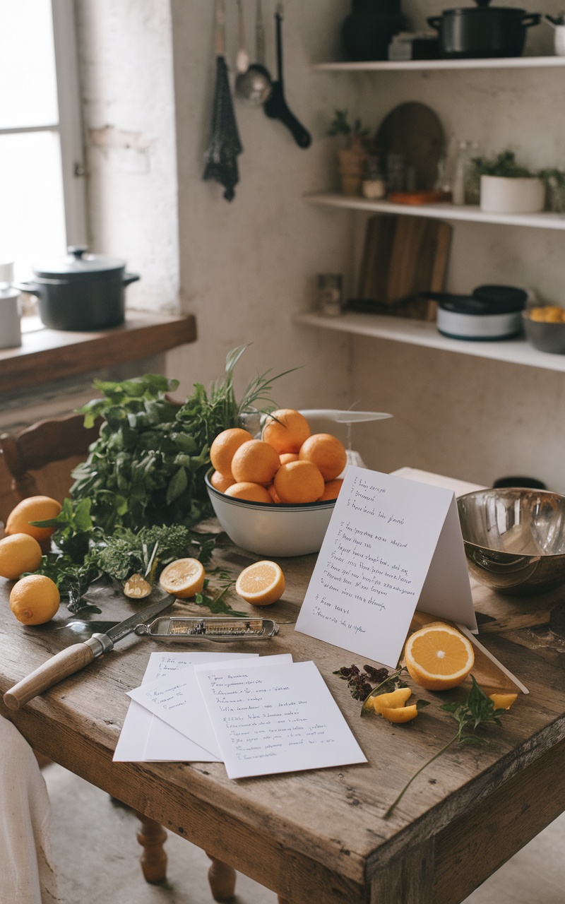 Ingredients and handwritten recipe cards on a wooden table with oranges and herbs.