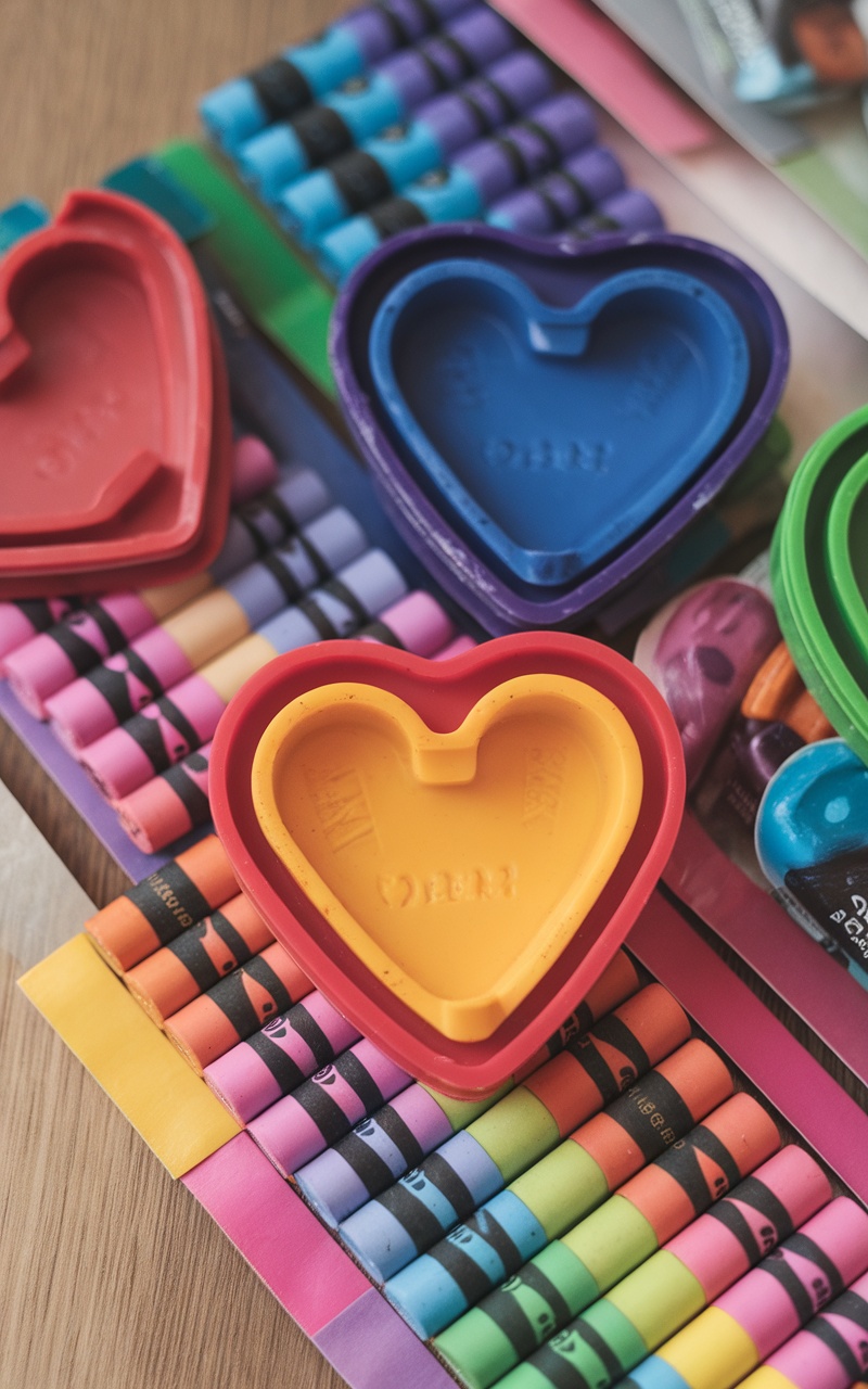 Colorful crayons arranged in a heart shape on a wooden surface