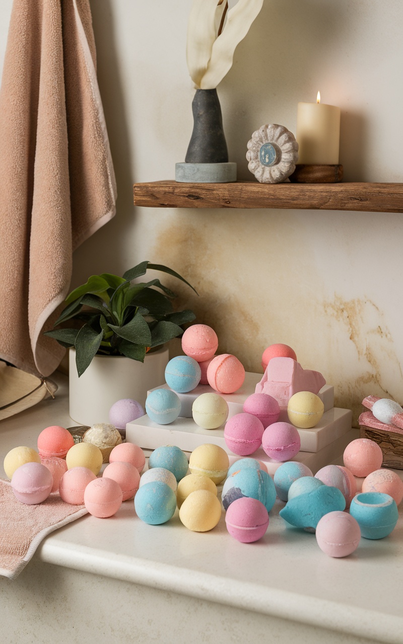 Colorful homemade bath bombs arranged beautifully