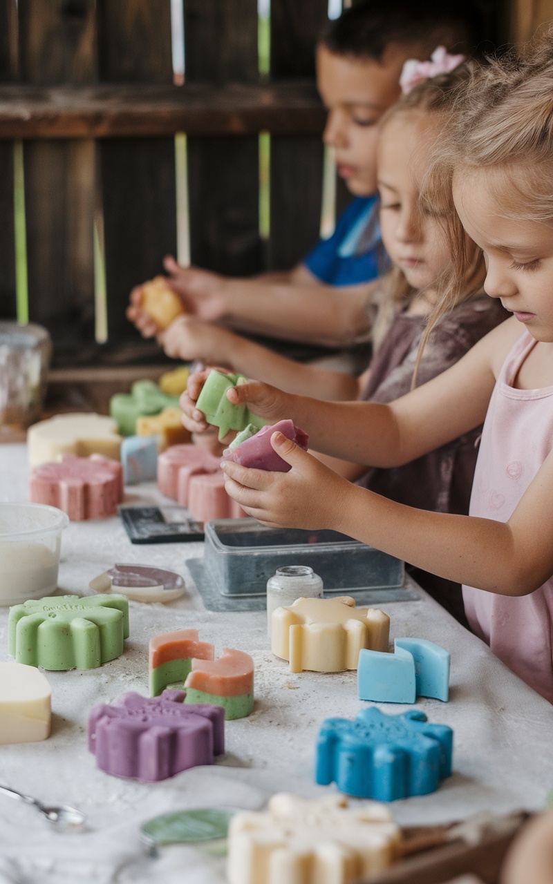 Children crafting colorful homemade soap in fun shapes at a table.