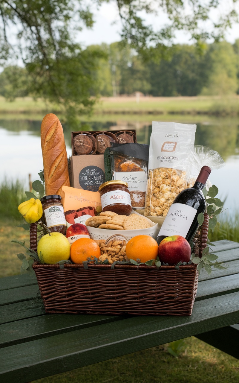 A beautifully arranged homemade treats basket filled with cookies, fruits, and snacks.