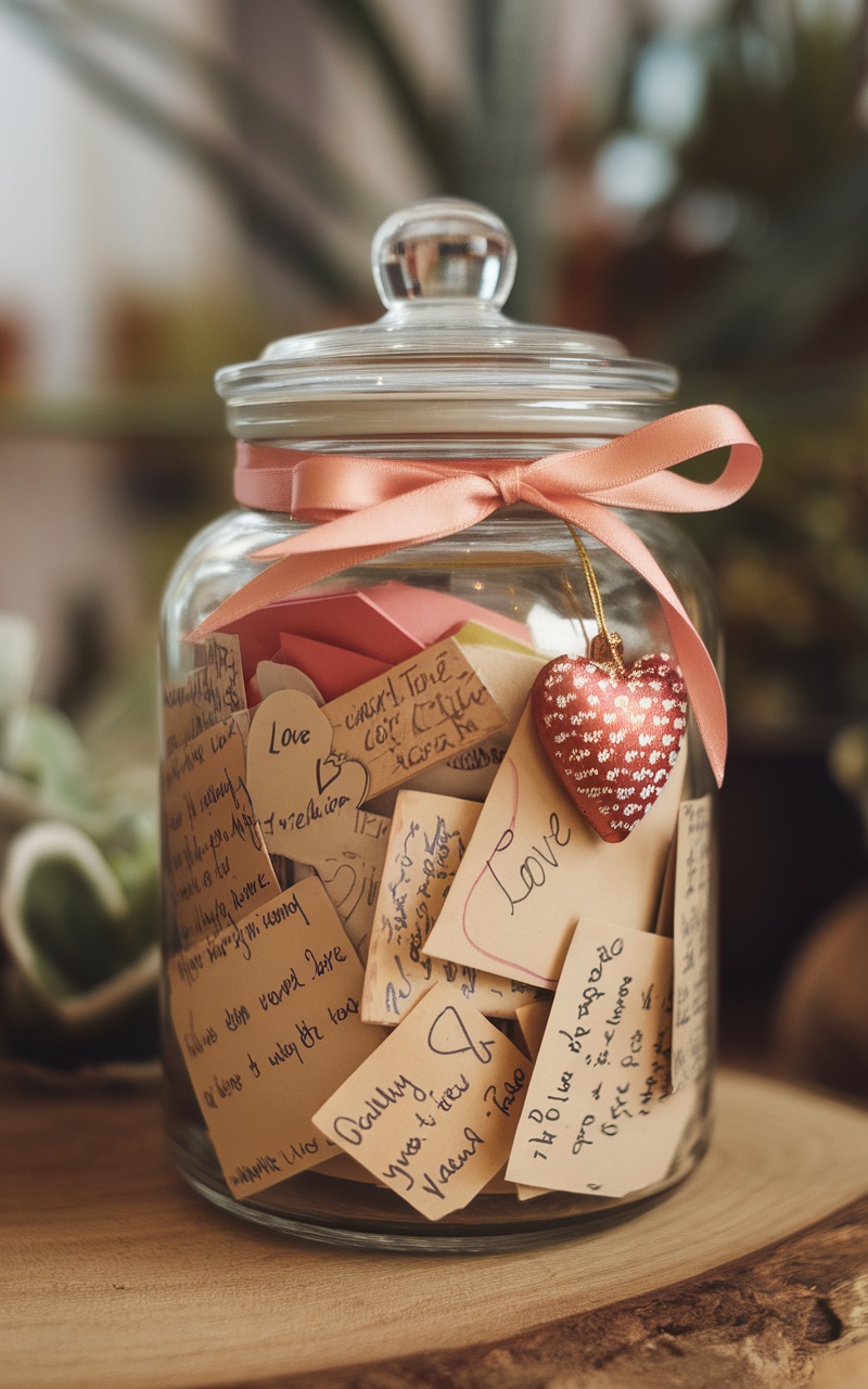 A beautifully decorated memory jar filled with colorful love notes and a ribbon.