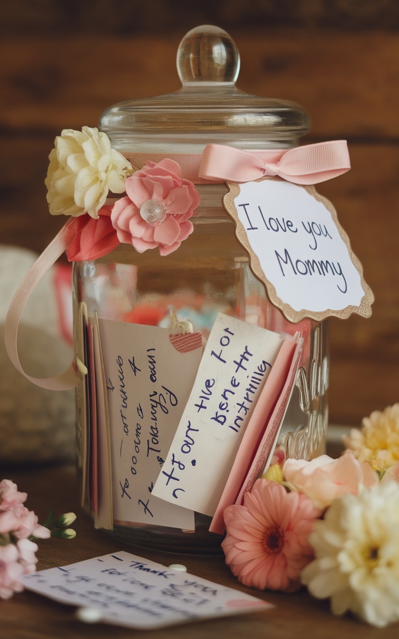 A glass jar filled with colorful notes, tied with a pink ribbon, sitting on a wooden surface.