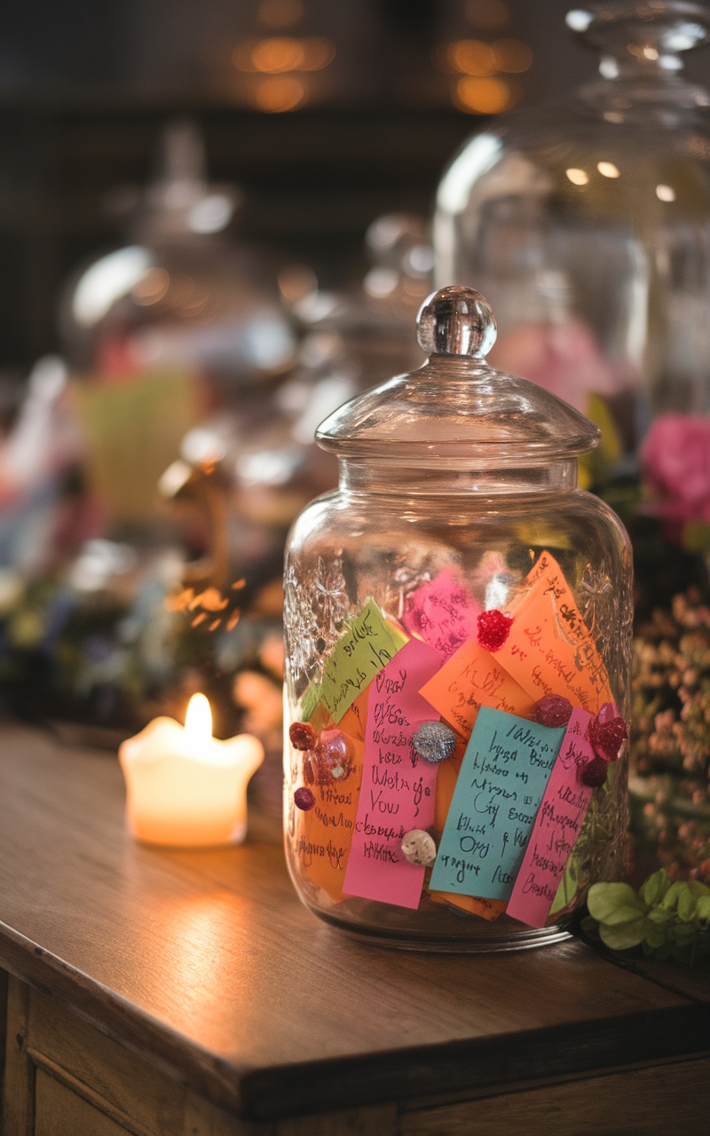 A beautifully decorated memory jar filled with colorful notes.