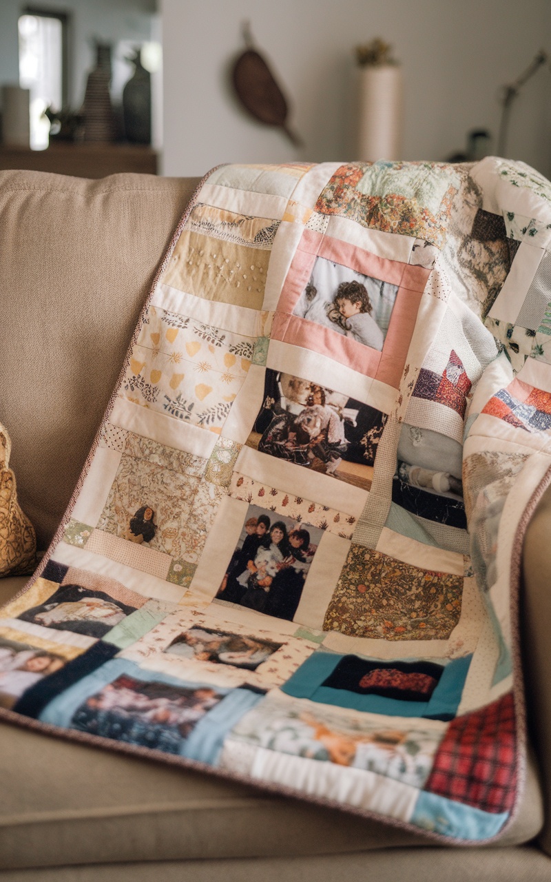 A colorful and cozy memory quilt with various fabric patterns and photo squares.