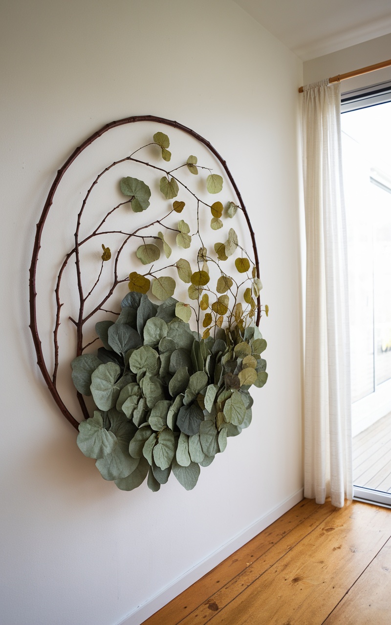 A nature-inspired wall hanging with twigs and dried leaves.