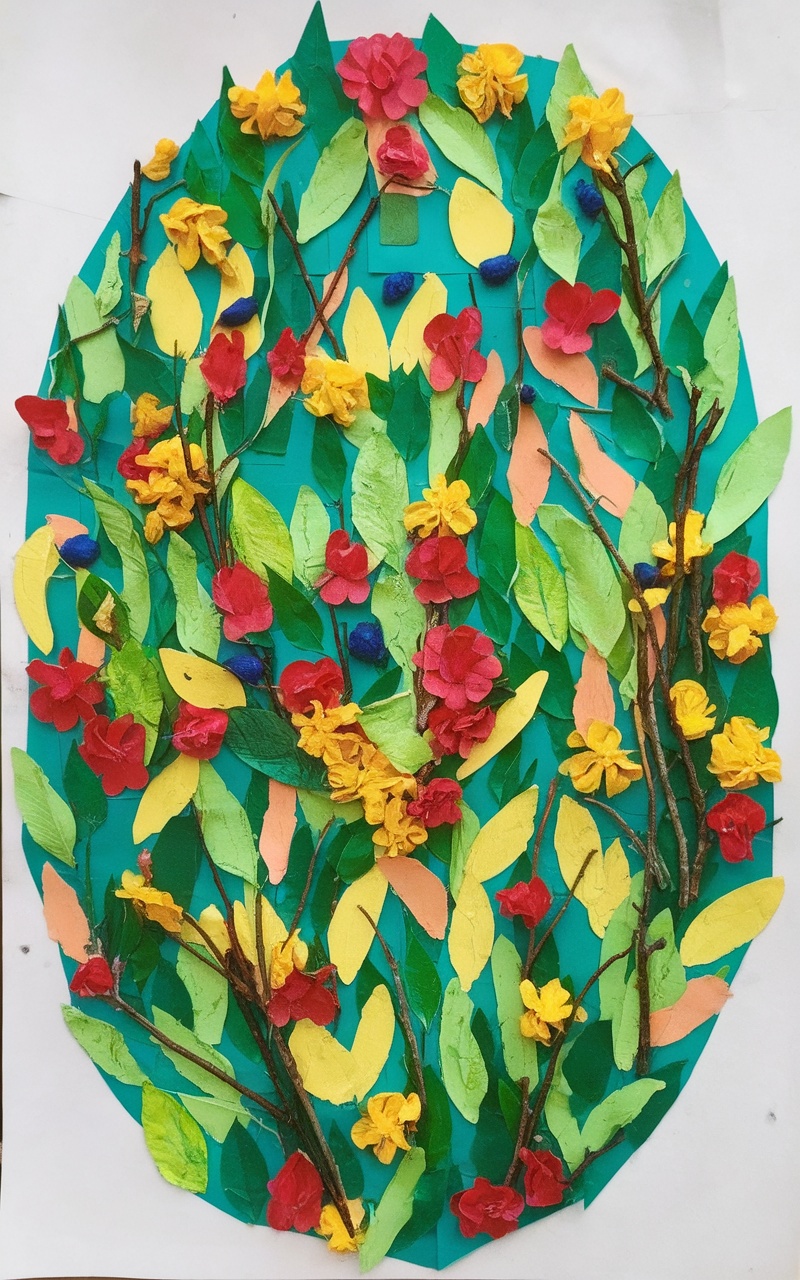 A colorful nature collage made from leaves, flowers, and twigs, showcasing a variety of colors and textures.