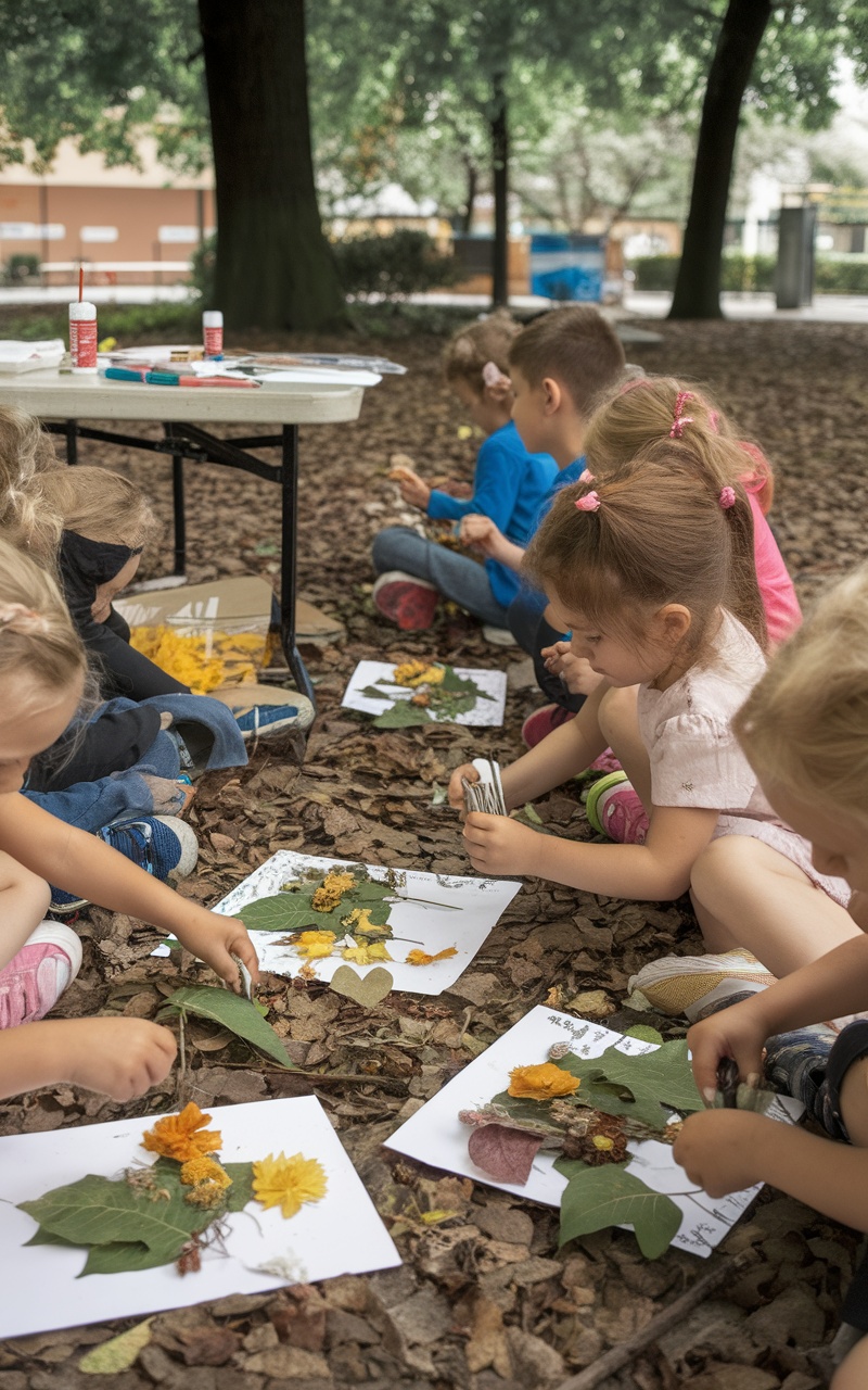 Children creating nature collages with leaves and flowers on paper.