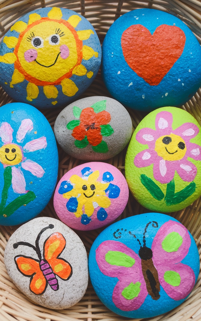 Colorful painted rocks in a basket, decorated with sun, flowers, and butterflies.