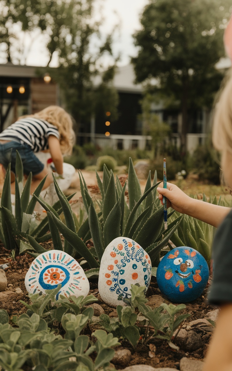 Children painting colorful designs on rocks in a garden