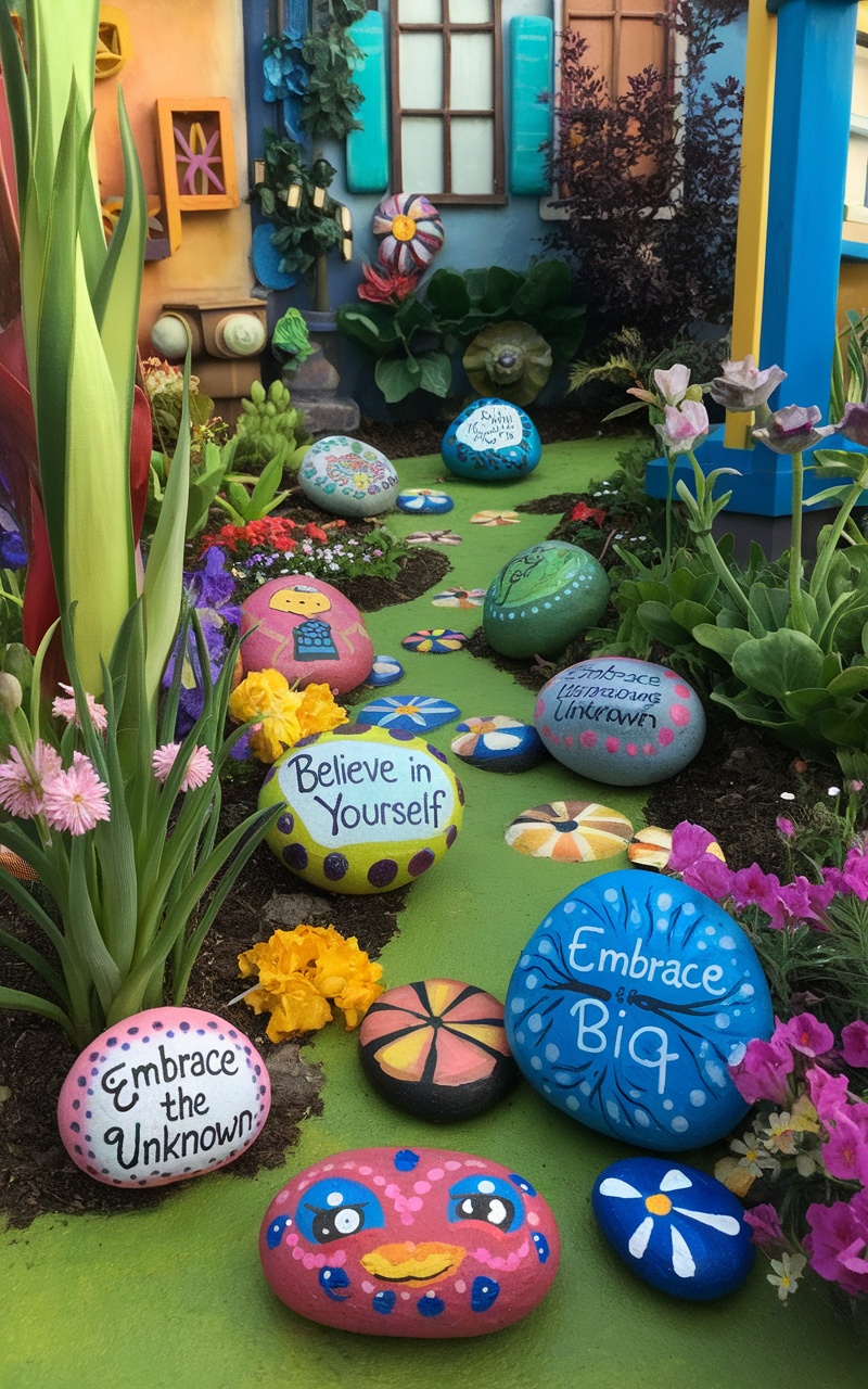 Colorful painted rocks placed in a garden, with inspirational messages and designs.