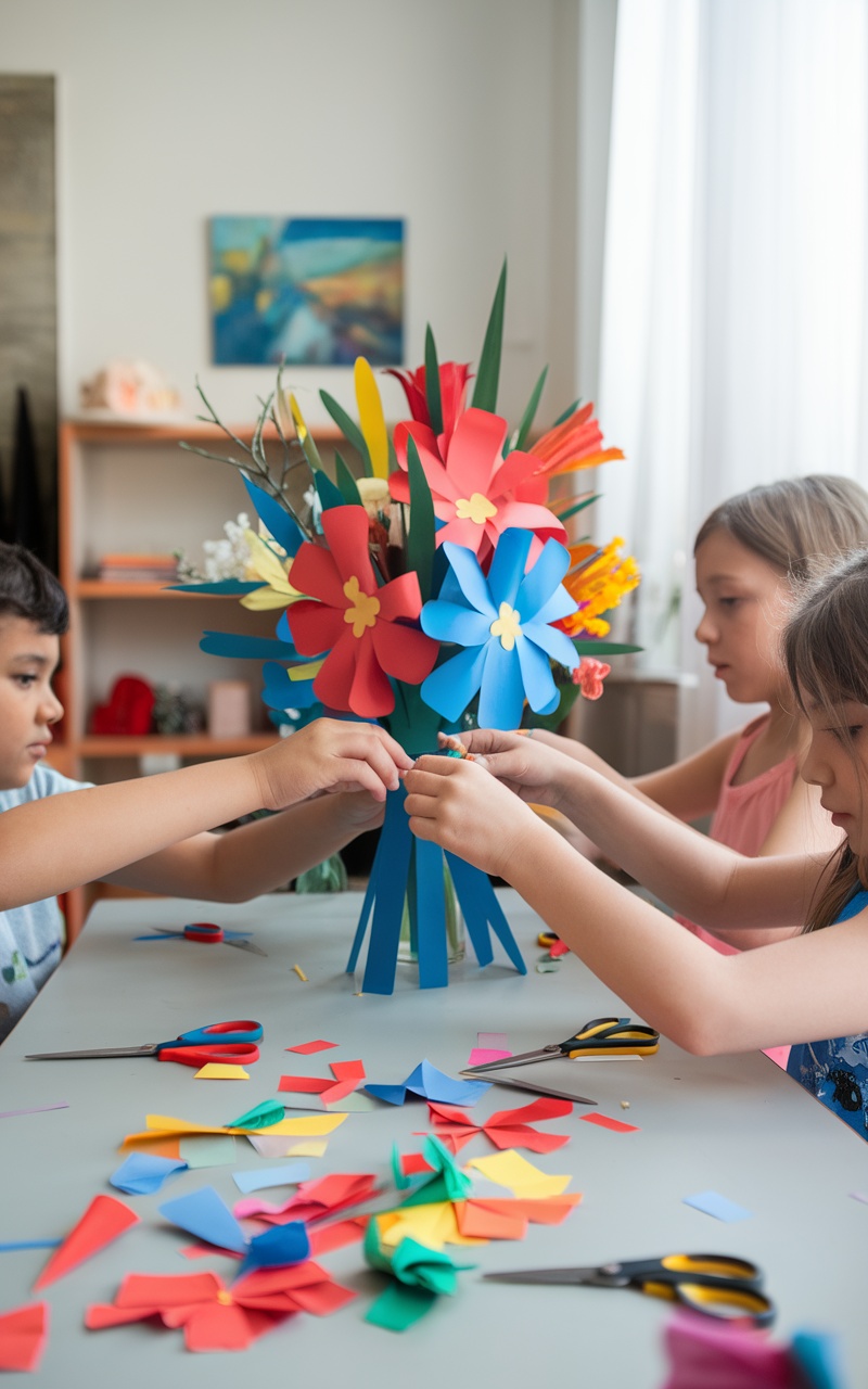 Children creating colorful paper flower bouquets at a crafting table